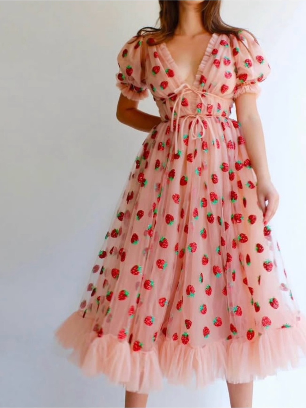 Lirika Matoshi Pink Strawberry-Embroidered Midi Dress